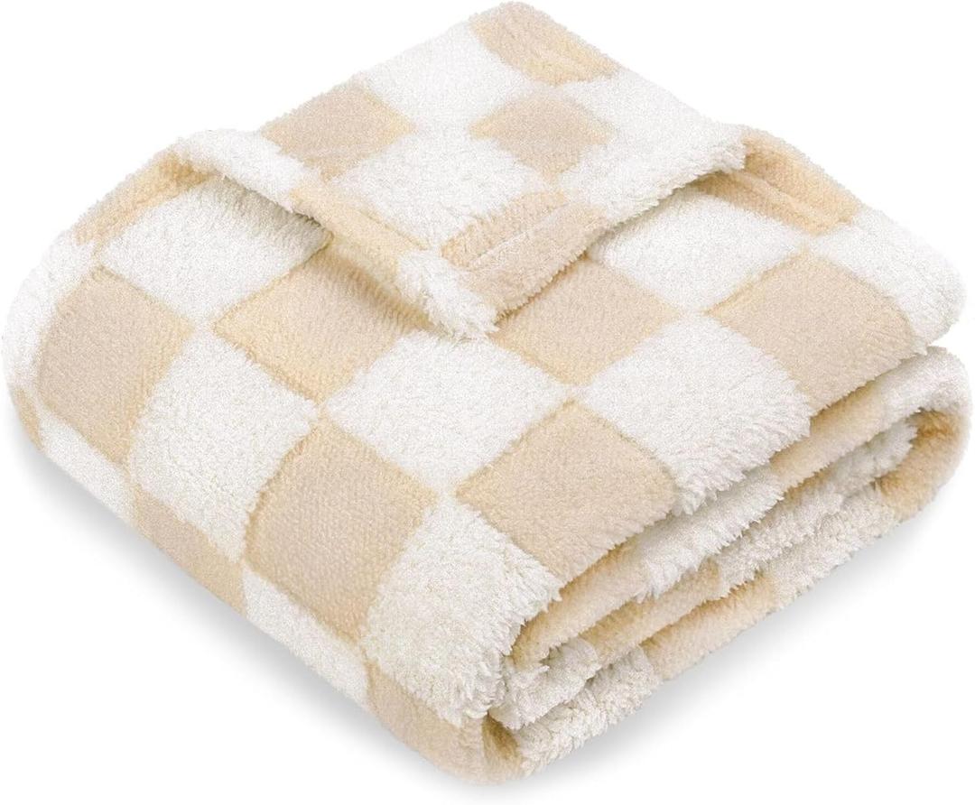 HOMRITAR Baby Blanket for Unisex Soft Cozy Reversible Checkerboard Toddler Blankets, Fluffy Fuzzy Plush Lightweight Bed Blanket with Chessboard Grid Design 350GSM Khaki 30 x 40 Inch (Beige)
