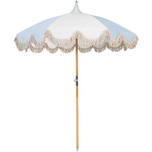 6.5ft Pagoda Beach Umbrella with Fringe, UPF 50+ Boho Umbrellas with Carry Bag, Premium Wood Pole Foldable Tassel Umbrella for Outdoor Garden Lawn Pool Yard Table (Blue)