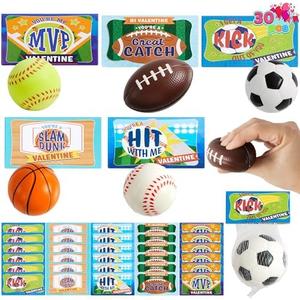 JOYIN 30 Pack Kids Valentines Day Gift Cards with Gift Mini Sports Ball Figure Stress Balls Squeeze Foam Balls for Classroom Exchange Prizes, Stress Relief, Valentine Party Favor Toys