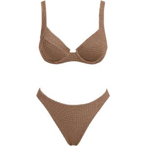 VOLAFA Women's Triangle Bikini Set Textured Push Up Underwire Solid Cheeky Two Piece Swimsuit Bathing Suit (Large, Coffee)