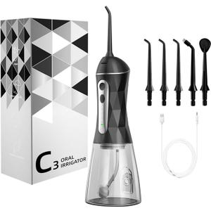 Water Dental Flosser Teeth Pick: Portable Cordless Oral Irrigator 320ML Rechargeable Travel Irrigation Cleaner IPX7 Waterproof Electric Flossing Machine for Teeth Cleaning (Black)