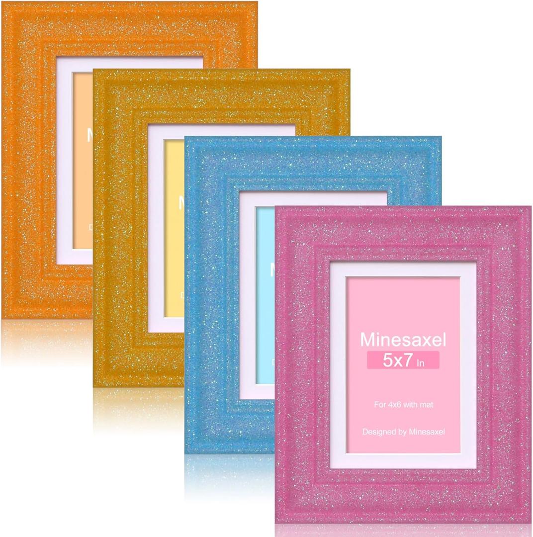 5x7 Glitter Picture Frame with Mat for 4x6, HD Real Glass Pastel Sparkle Photo Frames,Cute Fun or Unique 5 by 7 Artwork Frame for Tabletop or Wall Display Colorful 4 Pack