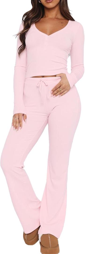 Ezbelle Women's Lounge Sets 2 Piece Outfits Long Sleeve Crop Button Down V Neck Shirt Knit Pajama Pant Fall Clothes (Large, Pink)