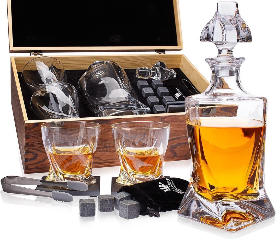 Whiskey Decanter Set by Royal Reserve  Whiskey Gifts Set - Twisted Bourbon Decanter 24 oz with Glasses, Whiskey Stones, Coasters, Tongs  Birthday Gift for Men, Husband, Him, Dad, Boyfriend