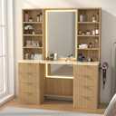 NKUGCFC 47.2” Fluted Makeup Vanity Desk with 38” Mirror and Lights, Modern Tall Vanity Table with Detachable Top, 8 Drawers & Shelves Storage, Dressing Table Built-in Power Outlet for Bedroom