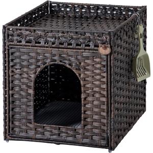 Cat Litter Box Enclosure Furniture, Hidden Litter Box with Mat and Fence, Handwoven Rattan Cat House with Two S-Shaped Hooks for Living Room, Bedroom, 18.5 x 20.5 x 19.1 Inches (Brown)