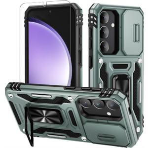 Pack of 5, WRJ for Samsung Galaxy S25/Galaxy S24 Case with Slide Camera Cover and Screen Protector, Military Grade Protection [Rotated Ring Kickstand] Heavy Duty Shockproof Protective Cover-Green