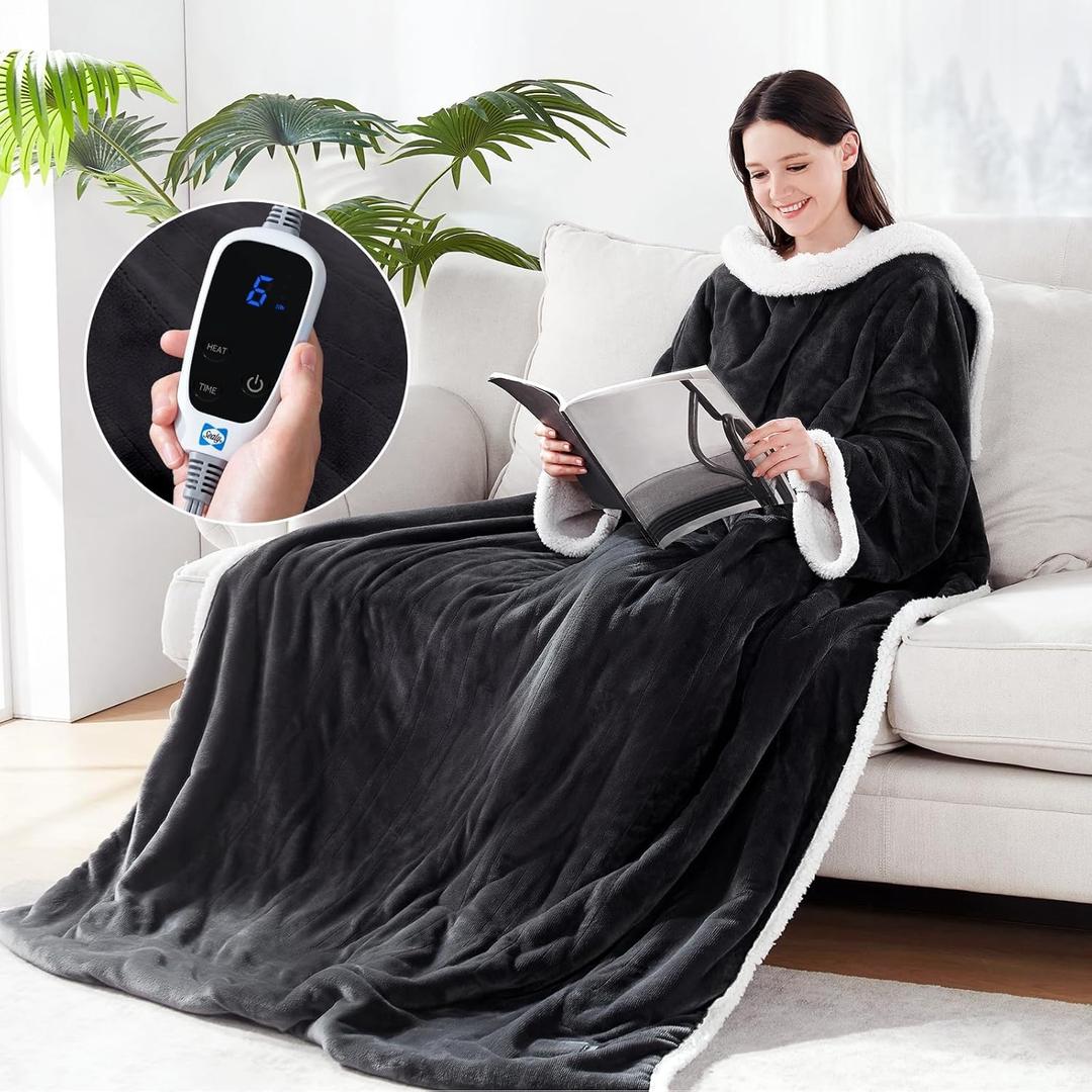 Sealy Electric Blanket Wearable with Foot Pocket, Electric Snuggle Blanket with Sleeves, Flannel & Sherpa Heating Throw with 6 Heat Settings & 2-10 Hours Auto Shut Off, 50 * 70"+18", Dark Grey (Charcoal)
