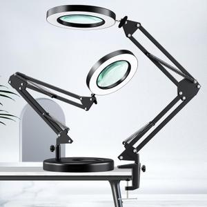 HITTI 10X Magnifying Glass with Light, 1,800 Lumens Stepless Dimmable, 3 Color Modes, 4.2 Real Glass Lens LED Desk Lamp & Clamp, Magnifier Light and Stand for Crafts, Soldering, Fly Tying, Close Work,10X Base & Clamp, Black