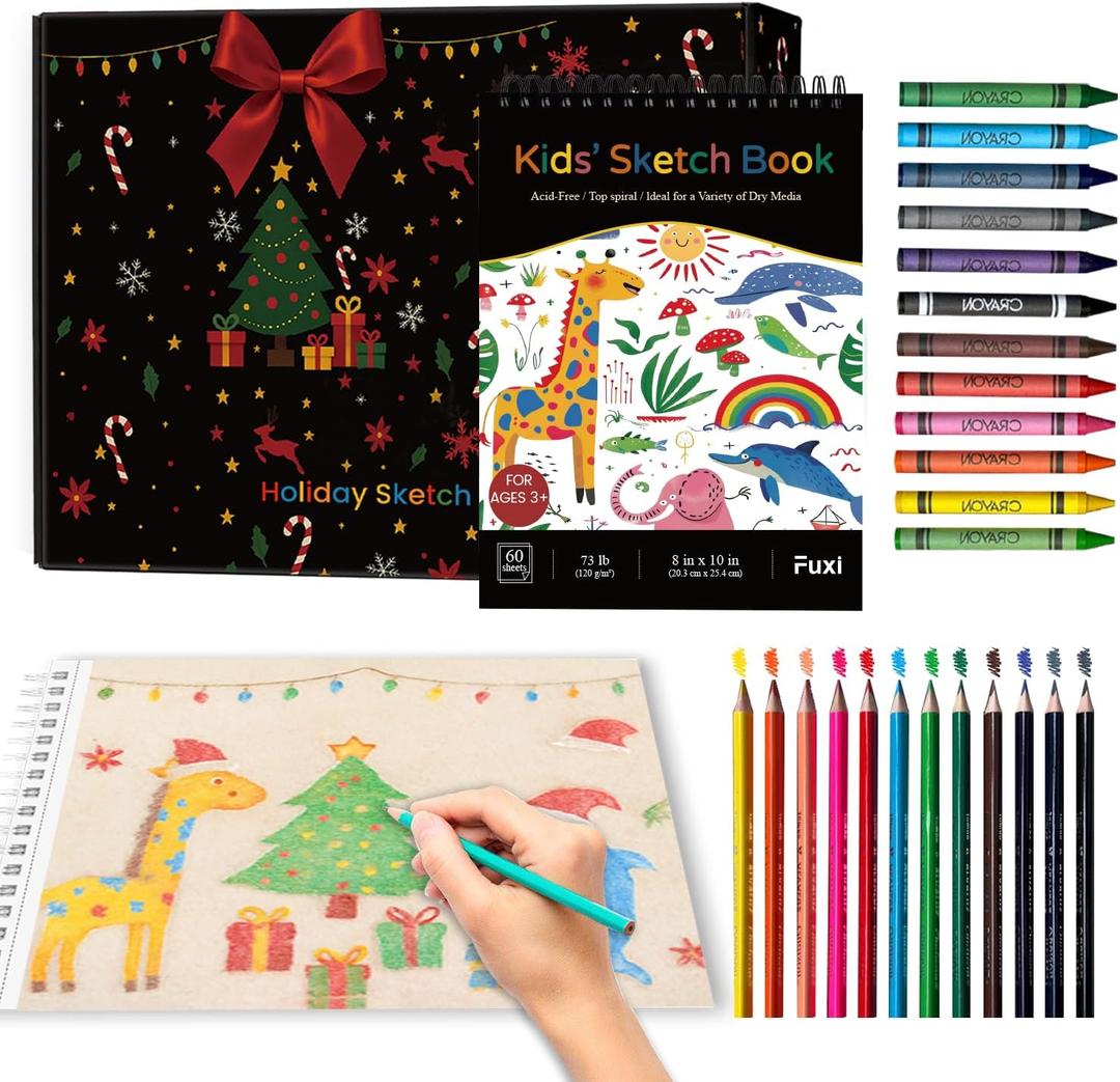 Fuxi Easter Basket Stuffers, Art Supplies for 9-12 | Art Set with 60-Sheet (73lb/120gsm) Sketch Book, Jumbo Colored Pencils & Crayons. (10" x 8" (Pack of 1), Satind Black)