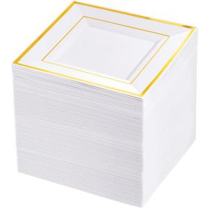 bUCLA 100PCS Gold Square Plastic Plates - 6inch Disposable Dessert/Cake Plates - Premium Hard Square Small Appetizer Plates for Wedding&Party