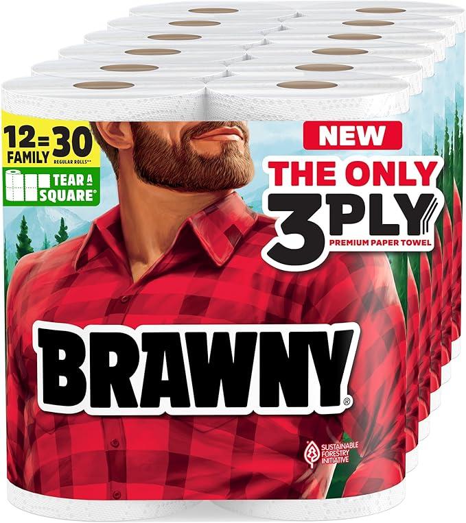Brawny Tear-A-Square 3-Ply Paper Towels, 12 Family Rolls = 30 Regular Rolls, Strong, Absorbent, and Durable