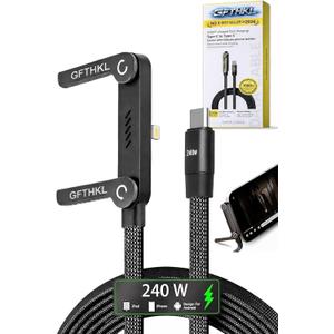 Invisible Holder Charger Cable, 240W Super Fast Charging with Stand, Built-in Phone Support Fast Charging Cord, Type C Braided Design for Gaming Office Travel (C to Lightning)