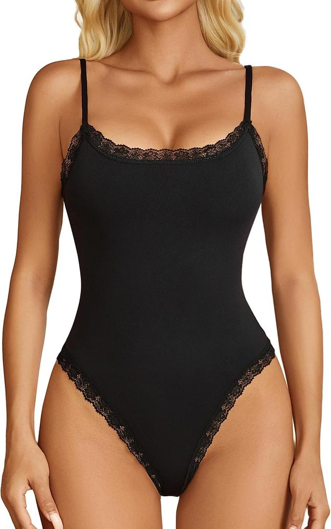 Avidlove Women Square Neck Lace Bodysuit Sleeveless Spaghetti Strap Tank Top Body Suits (Black, M)