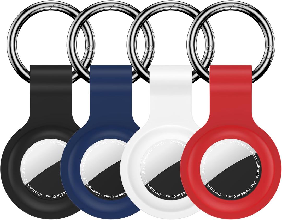 Compatible with AirTag Holder Case Keychain 4 Pack,Silicone for Air Tags Key Chain Ring Case Cover for Air Tag Holder GPS Tracker Item Air Tags Finders Accessories Air Tagholder for Kids,Bags,Luggages (Black/White/Blue/Red)