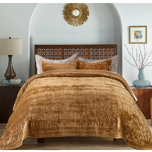 EVERGRACE Luxury Ruched Velvet Quilt King Size, Ultra Soft Bedspread Coverlet Set, Lightweight Velvet Comforter, Quilted Bedding Cover with 2 Matching Shams for All Season, Gold Yellow