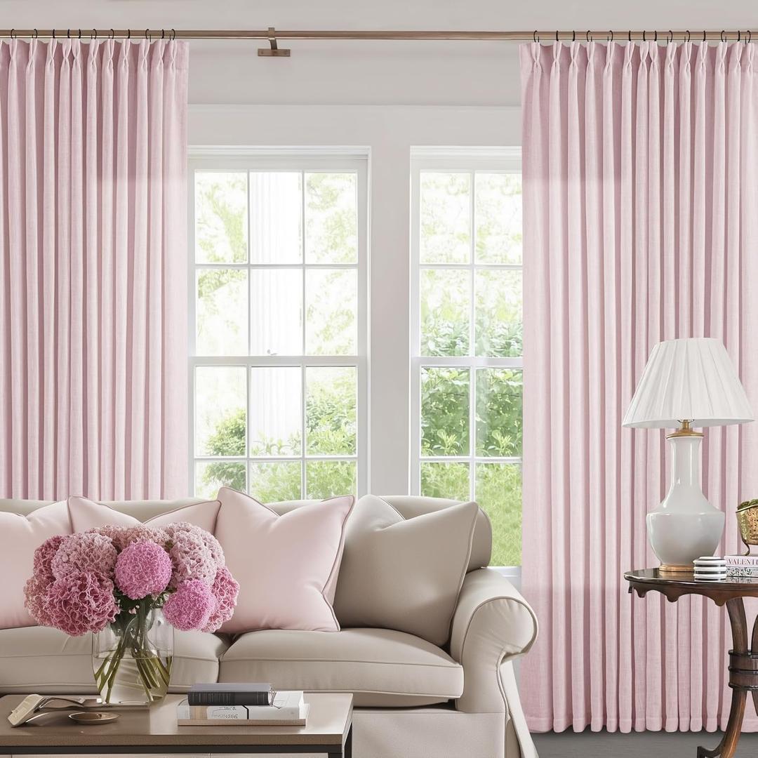 Pinch Pleat Light Pink Semi Sheer Curtains 108 Inches Long for Girls Bedroom Living Room Light Filtering Pleated Linen 108 Inch Curtains Drape Window 2 Panels Set Pink Blush Babys Nursery