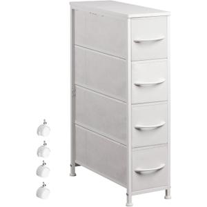 Narrow Dresser Storage Tower with 4 Drawers, Slim Dresser Chest of Drawers with Steel Frame, Wood Top, Dresser for Bedroom, Bathroom, Small Spaces, Laundry, Closet (White) (18.9"D x 7.9"W x 29.5"H (4 Drawers))
