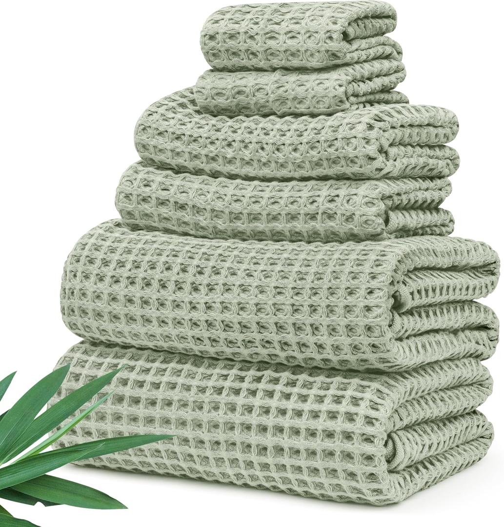 Alusa Home Ultra Soft Viscose from Bamboo Waffle Towels - Lightweight Bath Towel Set of 6 - Compact, Quick Dry & Lint Free (Eucalyptus Green)