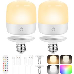 4000mAh Large Rechargeable Battery Operated Light Bulb 2 Packs, Dimmable LED Bulb with Remote Control & 2 Detachable Base, Battery Powerd Light Bulb for Non-Hardwired Lamps with 15 Colors & 3 Timer