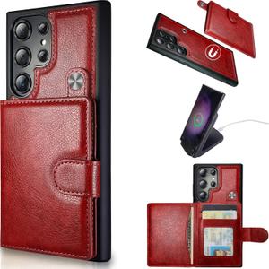 Case Wallet for Samsung Galaxy S23 Ultra Wallet Case, 6.8 Inch with Card Holders, Magnetic Detachable Back Flip Case, Leather Slim Card Case, Wireless Charging Supported, RFID Blocking, Red