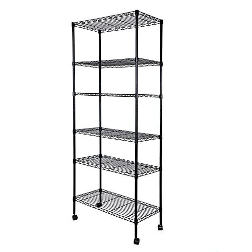 Simple Deluxe Heavy Duty 6-Shelf Shelving, Adjustable Wire Shelving with Hanging Hooks and Wheels, Black