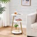 BEWISHOME Round End Table Side Table with Metal Frame, Accent Bedside Table Nightstand with 3-Tier Shelves, Small Couch Table for Living Room Bedroom White Gold KTZ41M, without PowerOutlet