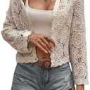 BEAUDRM Women's Cardigan Sweater Crochet Hollow Out Button Front V Neck Long Sleeve Knit Crop Sweater Top Medium