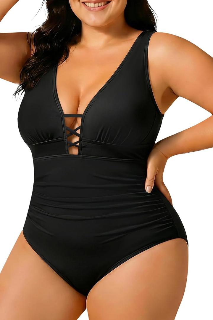 Yonique Women Plus Size One Piece Swimsuit Tummy Control Bathing Suits Lace up Plunge Swimwear Black 26W