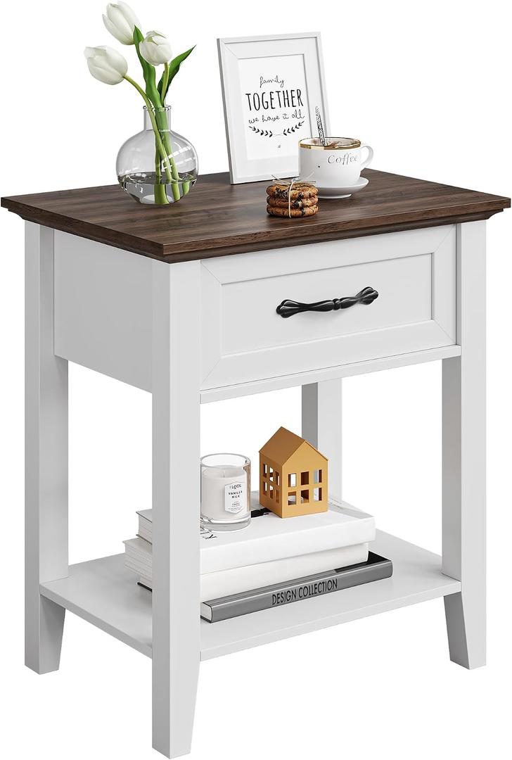 End Table with Drawer, Side Table for Spaces, 2 Tiers Storage Shelves with Dresser, Bedside Tables Nightstands for Living Room, Bedroom, Dorm, White
