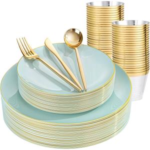 bUCLA 150PCS Green Plastic Plates - Sage Green with Gold Rim Disposable - Include 25 (Dinner & Dessert) Plates, 25 Knives, 25 Forks, 25 Spoons and 25 Cups for Party, Birthday & Spring
