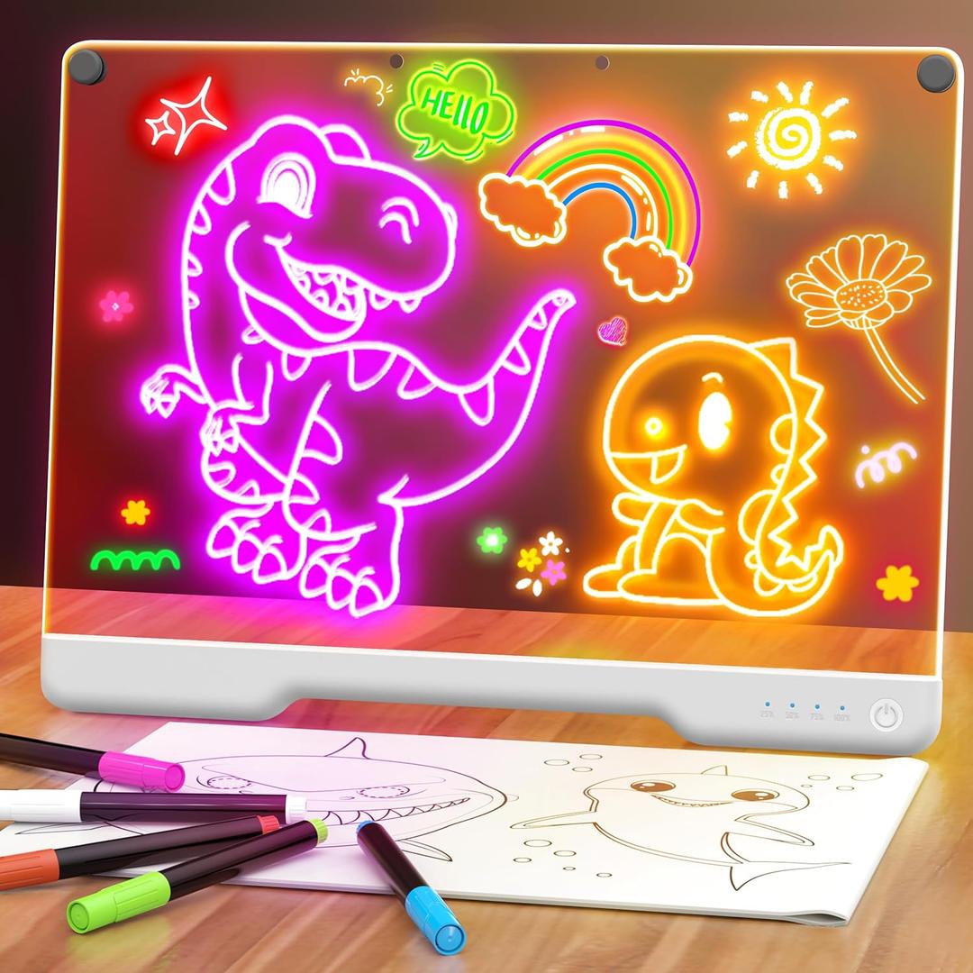 16-Inch Rechargeable Doodle Glow LED Note Board, 9-Color Light Modes, Neon Art Dry Erase Light Up Drawing Pad with Built-in Stand, Sketching Gift Toy for Kids/Girls/Teens, 5 Markers & Tracing Book (White)