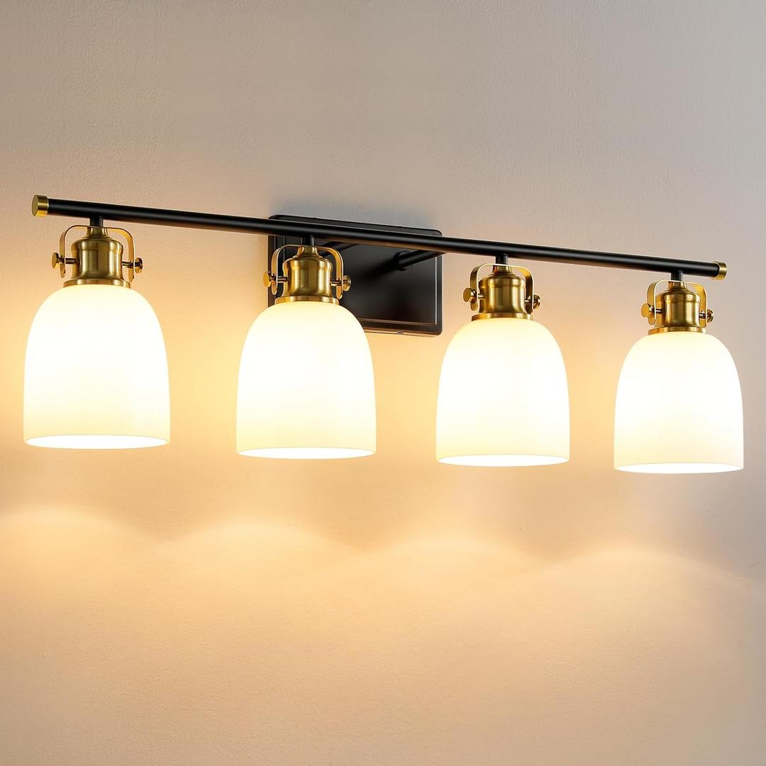 KAISITE Black and Gold Vanity Light for Bathroom 4-Light Bathroom Vanity Light Over Mirror Mid Century Modern Vanity Lighting Fixture with Milk Glass Shades Restroom Light(Exclude Bulbs) (Black&Gold+Milky White Shades)