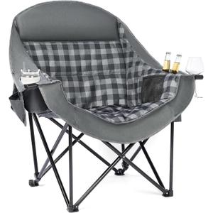 Oversized Camping Chairs for Adults - Heavy Duty Padded Outdoor Folding Lawn XL Camp Chair with Cup Holder Cooler Pockets for Outside Sports Beach Fishing Garden Portable Supports 500lbs, Grey