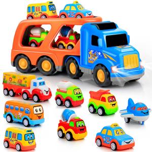 9 Pcs Cars Toys for 2 3 4 5 Years Old Toddlers, Big Carrier Truck with 8 Small Cartoon Pull Back Cars, Colorful Assorted Vehicles, Transport Truck with Sound and Light, Best Gift for Boy and Girl (Multicolor)