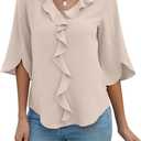Blooming Jelly Womens Dressy Casual Blouses 3/4 Sleeve V Neck Ruffle Tops Business Ladies Summer Trendy Fashion Work Shirt (Large, Apricot)