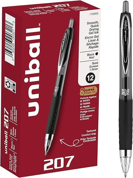uniball 207 Retractable Gel Pens Medium Point, 0.7mm, Black, 12 Pack