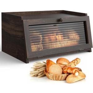 Bread Box for Kitchen Countertop Large Farmhouse Bread Container Bread Storage with Window Wooden Bread Holder (Carbonized)