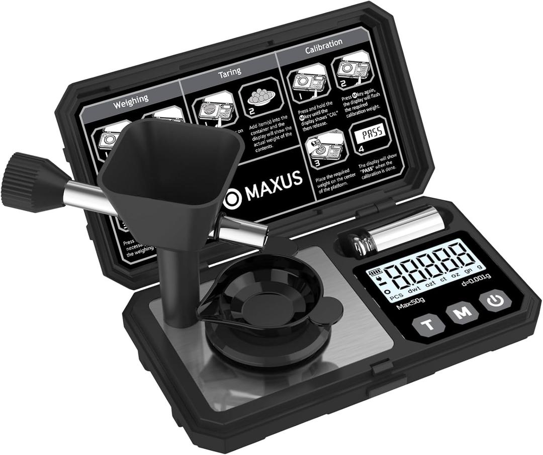 MAXUS Digital Milligram Scale 50g/0.001g with Calibration Weight, Reloading Scale with Powder Trickler Accessories (Black)