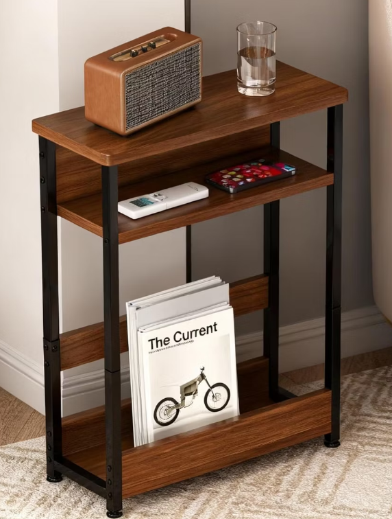 Narrow Side Table for Small Space, 3-Tier Small End Table with Shelf Holder, Slim Nightstand, Skinny Snack Couch Table in Living Room, Bedroom, Study, Kitchen and Balcony（Rustic Brown)