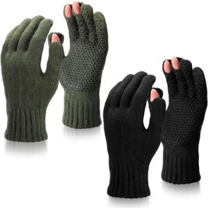 Geyoga 2 Pairs Wool Fingerless Fishing Gloves for Men Women Anti-Slip with Grip Dots Warm Winter Fly Ice Fishing Gloves (Black and Green)