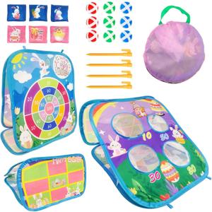 Easter 3 in 1 Bean Bag Toss Games, Easter Party Games Outdoor with Easter Egg Bunny Chick Pattern and Scores, Easter Spring Games and Activities for Family Toss Game