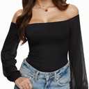 REORIA Womens Off The Shoulder Sheer Mesh Puff Long Sleeve Thong Bodysuit Tops, S