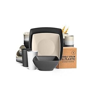 Teivio 48-piece Wheat Straw Square Dinnerware Set for 12, Unbreakable Dinner Plates, Salad Plates, Snack Bowls, Tumblers 13.5 oz, Dishwasher Safe, Gray Ombre