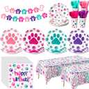 Gejoy 171 Pcs Dog Birthday Party Decorations Supplies Dog Paw Plates Banner Tablecloths Napkins Cups Knives Forks Spoons Doggy Puppy Party Decoration Serve 24 Guests(Cute Color)