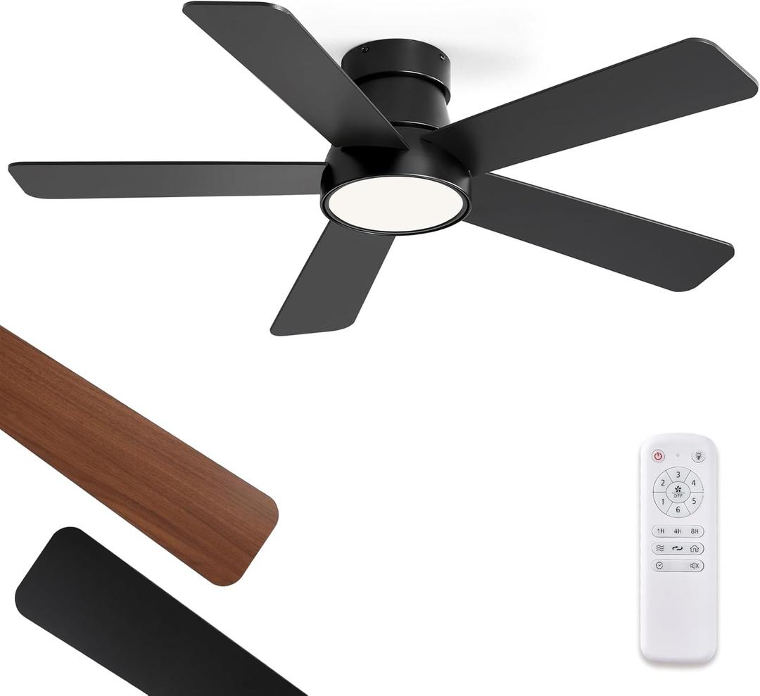 Fanbulous 42 Inch Ceiling Fans with Lights and Remote,Outdoor Indoor Modern Flush Mount Ceiling Fan with 3CCT 6-Speed Quiet DC Motor,Black Small Low Profile Ceiling Fan for Bedroom Living Room Office