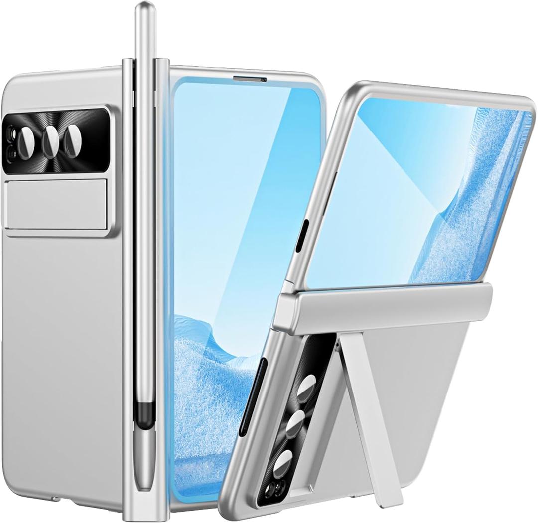 Case for Google Pixel Fold 5G 2023, Magnetic Hinge Protection Ultra Thin Electroplating Hard PC Full Coverage Case with Built-in Screen Protector & Camera Lens Protector,Silver