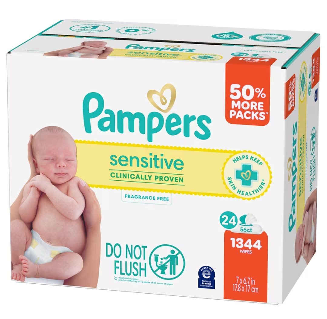 Pampers Sensitive Baby Wipes, Clinically Proven, Fragrance Free, Unscented, Water Based, Hypoallergenic, Multi-Use, Hand Wipes 1344 Wipes Total (24X Flip-Top Packs)