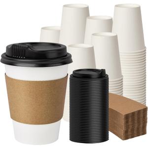 12 oz 100 Pack Disposable Coffee Cups with Lids and Sleeves, Coffee Paper Cups with Lids, To Go Beverage Drinking Cup for Coffee, Tea (White)