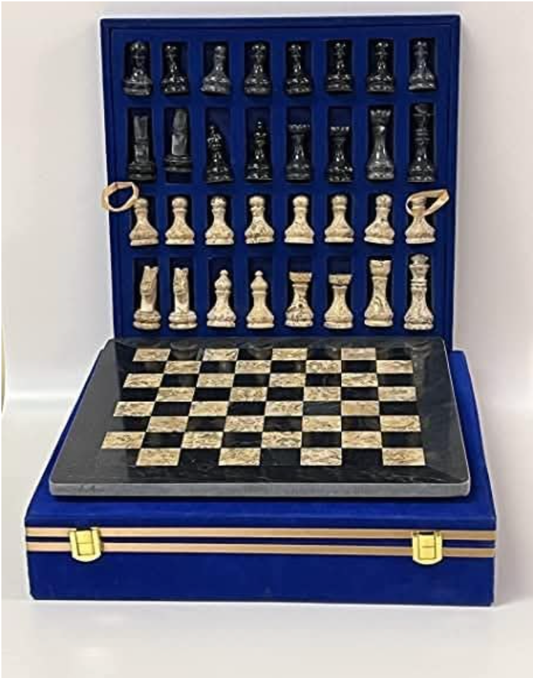 Large Handmade Full Chess Set, Marble Chess Board, 32 Chess Game Pieces, Unique Home décor. Handcrafted Tournament Chess Board - 2 Players. (Black Coral)